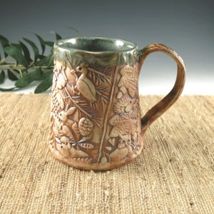 Handmade Pottery Mug with Woodland Animals, Large with Natural Brown and Rustic Green, Unique Hand Built Porcelain Cup Holds 18 oz image 3