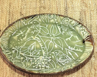 Handmade Birds on a Celedon Green Ceramic Plate – Spoon Rest, Ring Dish
