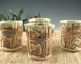 Handmade Ceramic Espresso Cup, Medieval Cats Porcelain Shot Glass