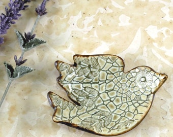 Green Bird Ring Dish: Ceramic Pottery Trinket Jewelry Holder