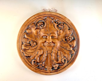 Porcelain Greenman Garden Plaque Sculpture of a Mythical Face
