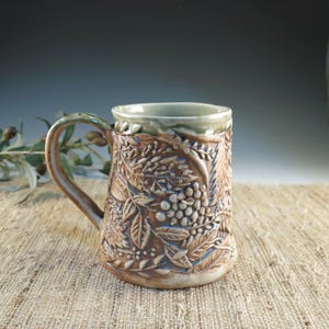 Handmade Ceramic Mug, Botanical Berry Design, Light Green Porcelain Tankard (18 oz)