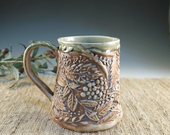 Handmade Ceramic Mug, Botanical Berry Design, Light Green Porcelain Tankard (18 oz)