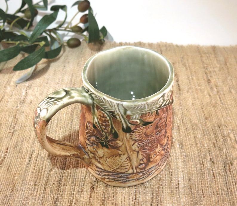 Handcrafted Large Pottery Mug with Woodland Animals, Unique 18 oz Hand Built Porcelain Cup image 6