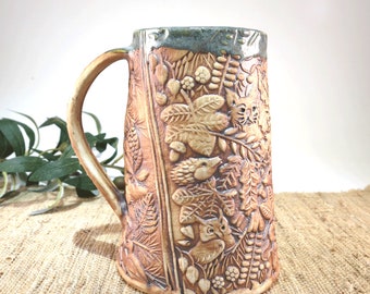 Extra Large Handmade Ceramic Pottery Mug or Tankard with Woodland Animals, Natural Brown and Rustic Green, Holds 28 oz