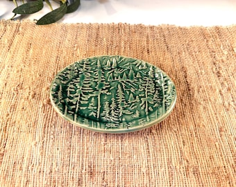 Handmade Forest Impression Porcelain Plate, Emerald Green Pottery Soap Dish, Jewelry Plate