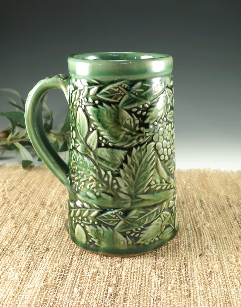 Emerald Green 28 oz Handmade Ceramic Tankard with Botanical Nature Theme, Bavarian Beer Stein, Extra Large Mug image 3