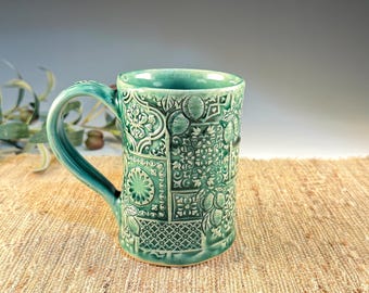 Handmade Porcelain Italian Lemon Mug - 14oz - Emerald Green Glazed Carved Pottery Cup