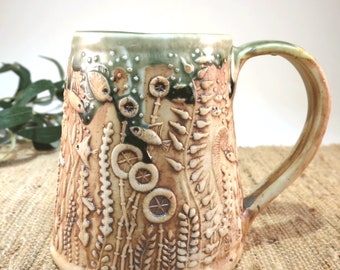 Handmade Porcelain Pottery Ocean Themed 18 oz Fish Mug Tankard in Natural and Light Celedon Green