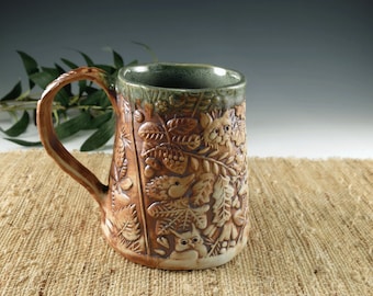 Handmade Porcelain Mug, Rustic Green Woodland Animals, 18 oz
