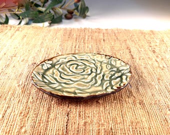 Handmade Peony Porcelain Plate, Celedon Green Pottery Soap Dish, Jewelry Plate