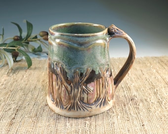Hand Carved Porcelain Pottery Mug, Original Woodland Design, 18 oz