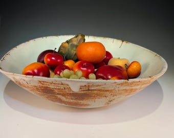 Extra Large Organic Stoneware Bowl, 15” Wabi Sabi Serving Bowl, Matte White & Red Ochre, Earthy Autumn Kitchen Decor
