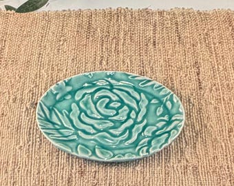 Handmade Peony Porcelain Plate, Turquoise Pottery Soap Dish, Jewelry Plate