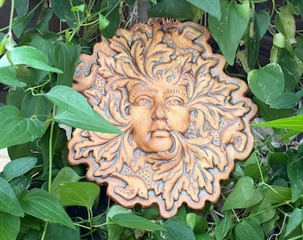Green Woman Pottery Plaque, Hand Carved Porcelain Garden Goddess