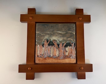 Hand Carved Porcelain Woodland Tile, Arts and Crafts Framed Wall Art