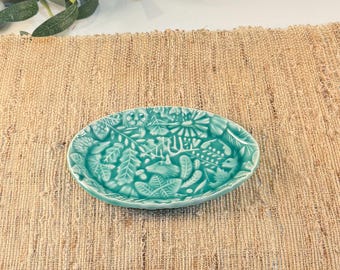 Handmade Forest Animals Ceramic Plate – Turquoise Spoon Rest, Ring Dish