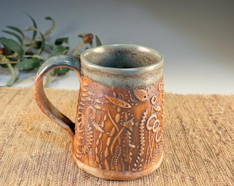 Handmade Pottery Fish Mug, 18 oz Hand Built Pottery Ocean Themed Tankard in Natural and Rustic Green