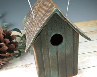 Rustic Weathered Bronze Bird House - Pottery Outdoor Ceramic Birdhouse - Home for Wild Birds - Functional Decor for Bird Lovers
