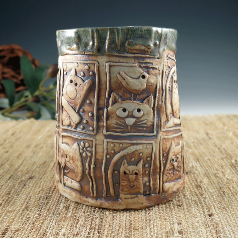 Cat Lover Coffee Mug, Handmade Pottery Tankard in Natural and Green, Large Ceramic Porcelain Mug, Big Kitty Tea Cup, 18 oz image 2