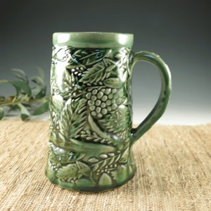 Emerald Green 28 oz Handmade Ceramic Tankard with Botanical Nature Theme, Bavarian Beer Stein, Extra Large Mug image 1