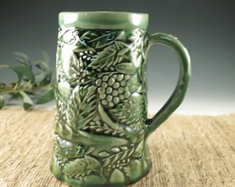 Emerald Green 28 oz Handmade Ceramic Tankard with Botanical Nature Theme, Bavarian Beer Stein, Extra Large Mug