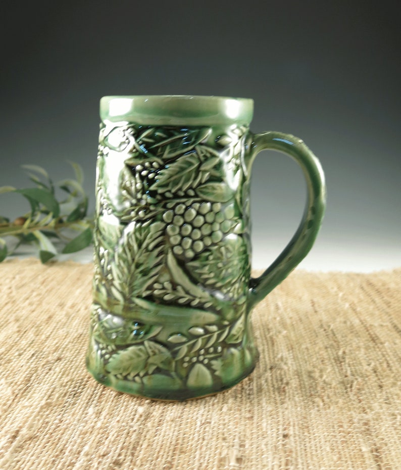 Emerald Green 28 oz Handmade Ceramic Tankard with Botanical Nature Theme, Bavarian Beer Stein, Extra Large Mug image 1