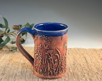Handbuilt Flowering Pottery Mug  - Royal Blue Glaze 14 oz Meadow Ceramic Cup