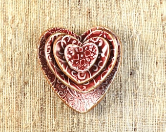 Ruby Red Porcelain Nested Heart Decorative Ring Dishes