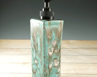 Dish Soap Dispenser for Kitchen or Bath, Pottery Soap Pump in Turquoise Blue