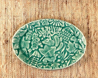 Handmade Forest Animals Ceramic Plate – Spring Green Spoon Rest, Ring Dish