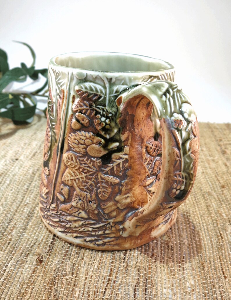 Handcrafted Large Pottery Mug with Woodland Animals, Unique 18 oz Hand Built Porcelain Cup image 4