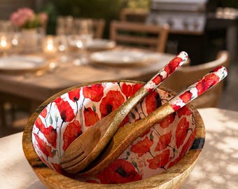 Holz Salatschüssel mit rotem Mohnblumen-Design und passendem Salatbesteck, Mangoholz, Schüssel ca. 24x 11,5 cm