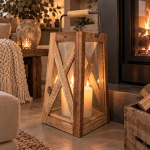 Op de afbeelding: Een vierkante houten lantaarn met een kruisvormig ontwerp aan elke zijde, heldere glazen panelen en een donker metalen handvat met een licht houten greep. Binnenin de lantaarn brandt een witte stompkaars die een warm, zacht licht verspreidt.