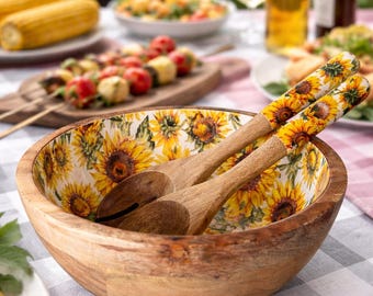 Holz Salatschüssel mit Sonnenblumenmuster und passendem Salatbesteck, Schüssel ca. 24x11,5 cm