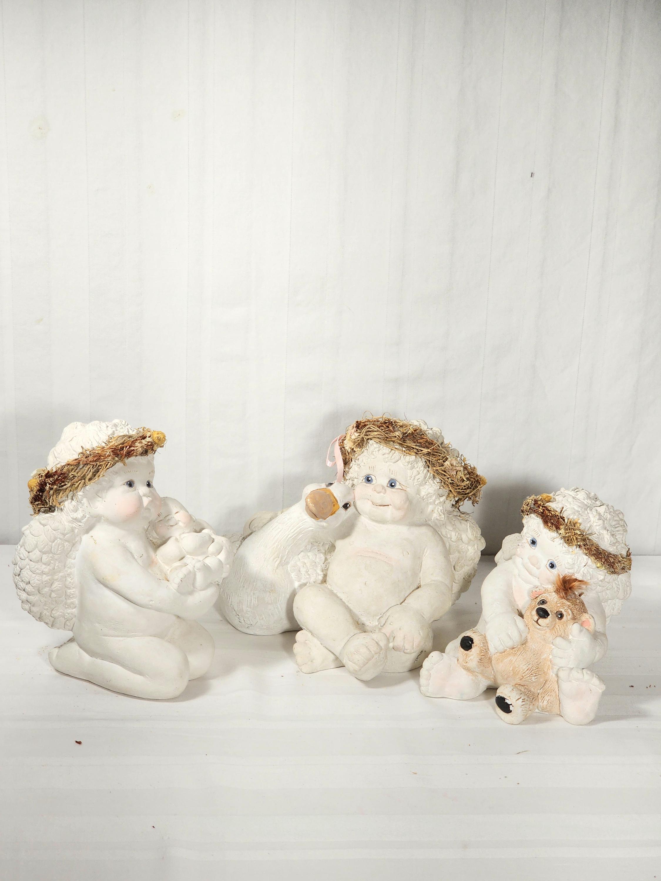 1991 Vtg Cast Art Industries Sitting Angel Cherub Set of 3 Straw