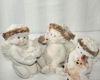 1991 Vtg Cast Art Industries Sitting Angel Cherub Set of 3 Straw