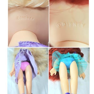 May include: A collage of two dolls, one with blonde hair and the other with red hair. Both dolls have the word "DISNEY" imprinted on their backs. The dolls are wearing dresses and shoes. The blonde doll is wearing a purple dress and shoes. The red-haired doll is wearing a blue dress and shoes.