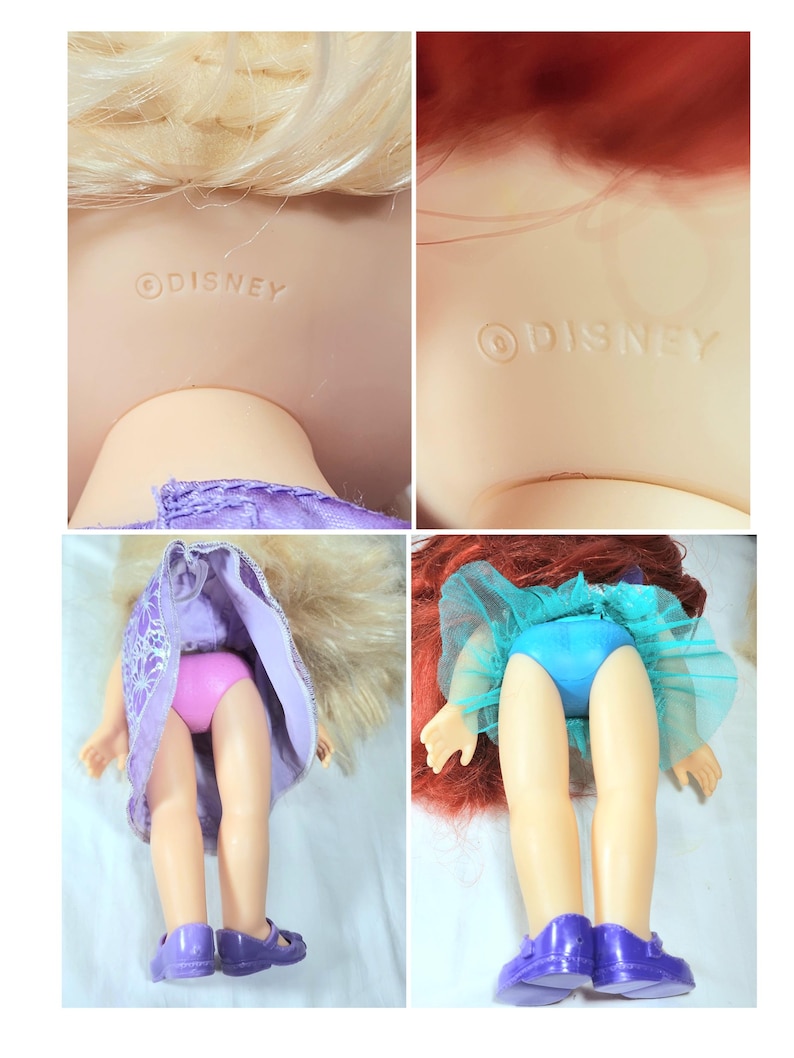 May include: A collage of two dolls, one with blonde hair and the other with red hair. Both dolls have the word "DISNEY" imprinted on their backs. The dolls are wearing dresses and shoes. The blonde doll is wearing a purple dress and shoes. The red-haired doll is wearing a blue dress and shoes.