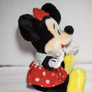 May include: A plush Minnie Mouse doll, featuring black fur, a red polka-dot dress, and a matching bow. The doll has white gloves and yellow shoes. The classic character is in a seated position, with a friendly expression.