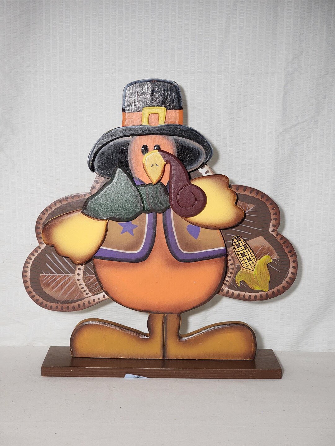 Thanksgiving Wooden Turkey Hand Painted Figurine Pilgrim Hat 12.5×12×3 ...