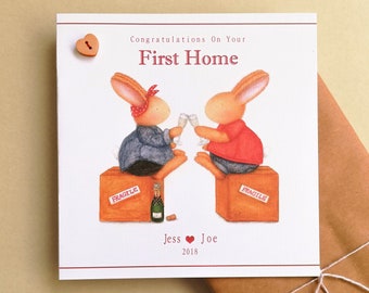 Personalised First Home/New Home Card-  Bobby Bunny and Friends Illustrated Luxury Card Range by Jennifer Keelan