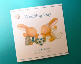 Personalised Wedding Card – Bobby and Bella Heart Wreath Wedding Card -Bobby Bunny and Friends Illustrated Luxury Card Range by Jenny Keelan