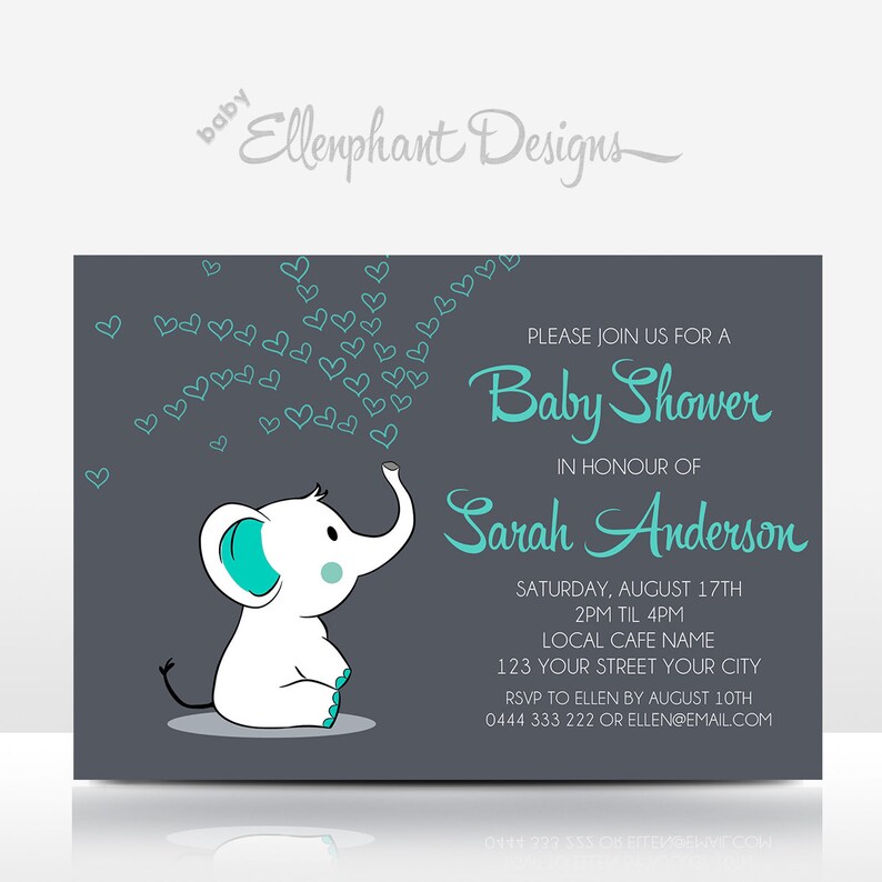 Baby Elephant Baby Shower Invitation Template Teal Etsy