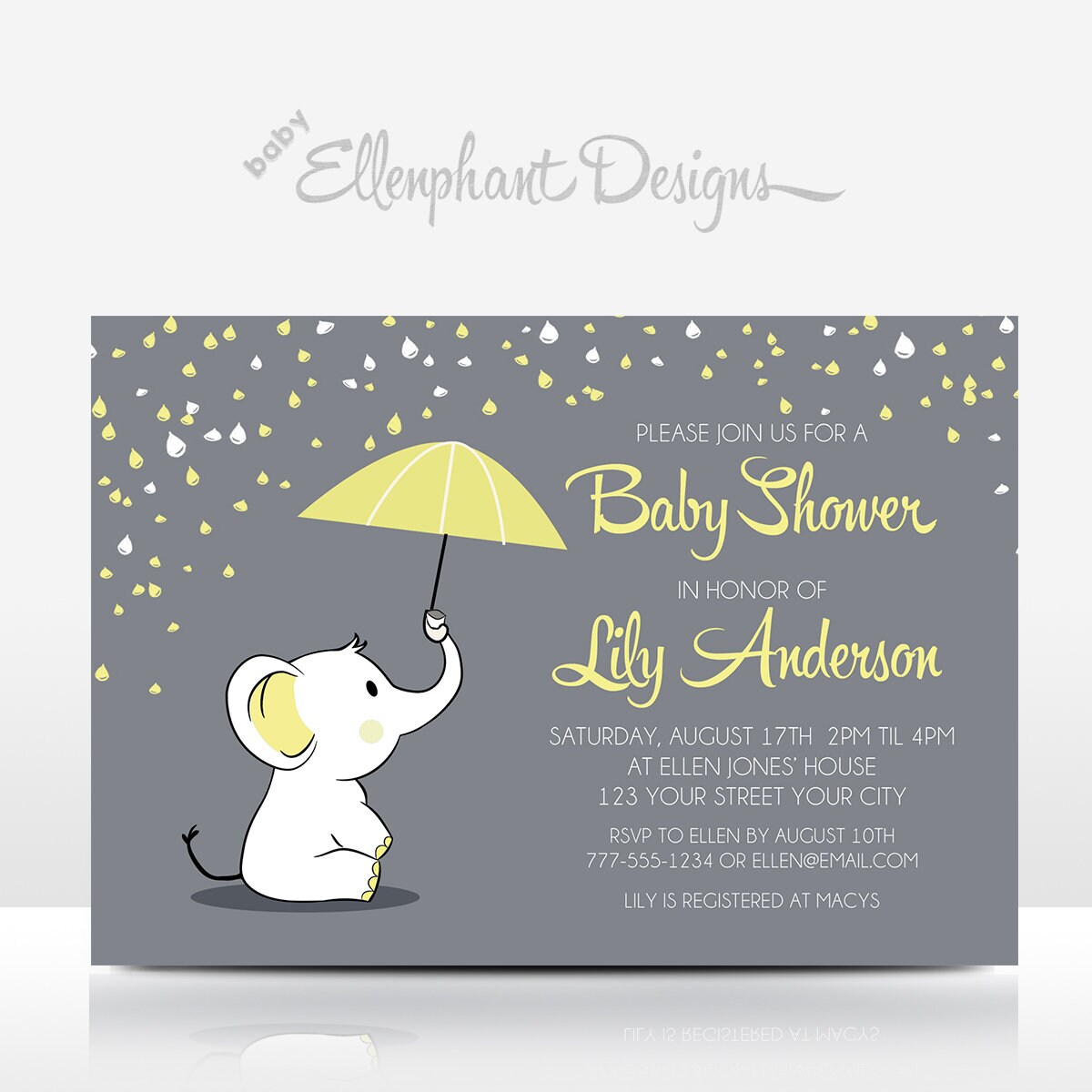 Yellow elephant Baby Shower Invitation, umbrella, baby sprinkle, unis…