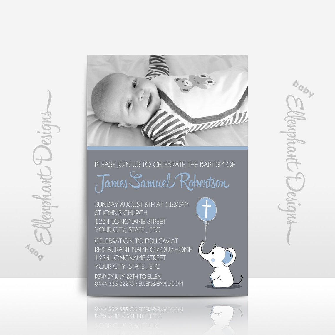 Baptism Invitation With Photo Christening Baby Elephant Etsy Australia