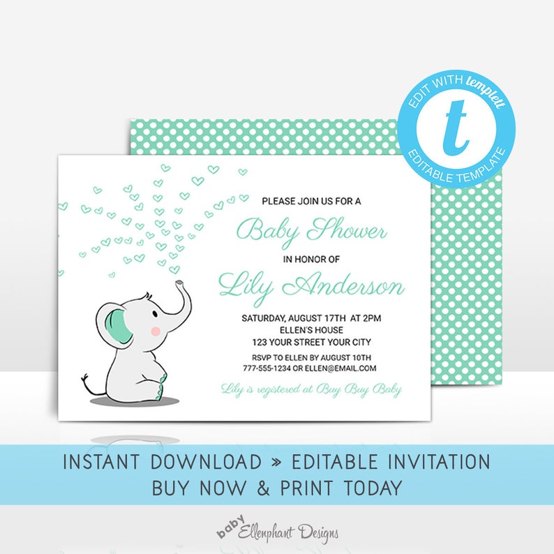 Elephant Baby Shower Invitation Editable Template Mint Etsy