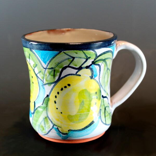 LIQUIDATION SALE! Handmade pottery Mug, Majolica Lemons and Leaves, Hand Painted Coffee m Mug, Ceramic Mug- SKU149-5
