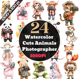 Aquarelle photographe animalier Clipart - Safari mignon Woodland PNG - téléchargement numérique pour cartes et art mural pour chambre de bébé