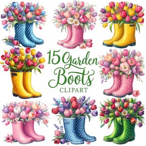 Garden Boots Clipart PNG , Watercolor Floral Wellies , Spring Digital Download , Sublimation Design , Printable Art , Commercial Use.